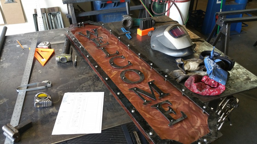 Copper and Hammered Iron Welcome sign
